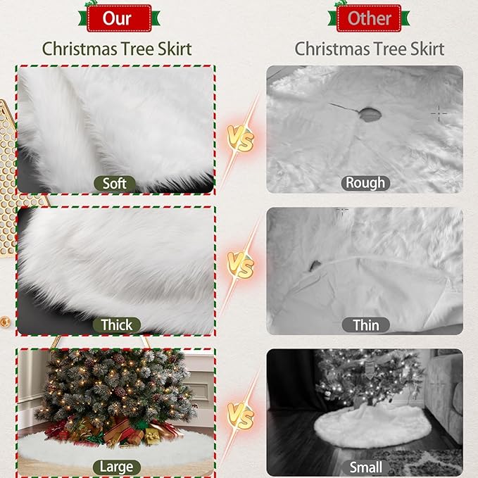 Christmas Tree Skirt, 48 Inch Christmas Decorations Tree Skirt, Faux Fur White Soft Long Thick Velvet Silver Sparkly Sequin Tree Rug, Large Tree Base Cover Mat Merry Christmas Holiday Party