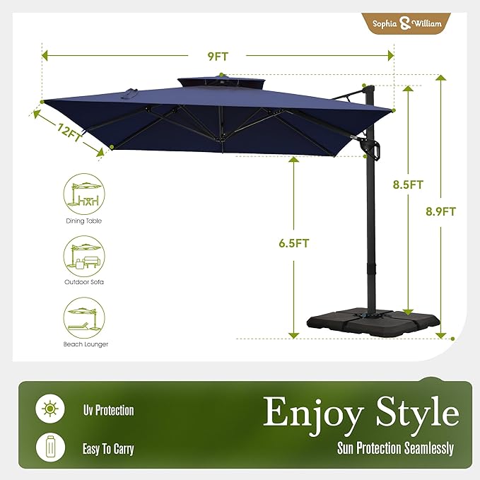 Sophia & William 12ft Cantilever Patio Umbrella with Base, Large Rectangular Umbrellas with 360-degree Rotation, Aluminum Pole for Garden Pool Backyard, Navy Blue