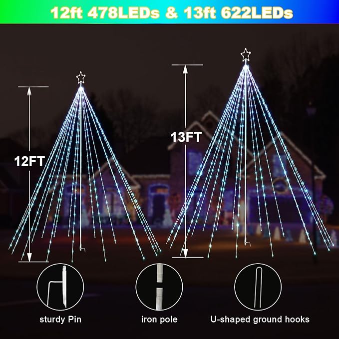 13Ft 622LEDs Outdoor Christmas Lights Yard Decor, Smart Color Changing RGB Flag Pole Christmas Tree Light, App/Remote Control, Timer, Dimmer, Group Control, Waterproof, Large Outside Xmas Decor