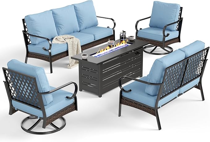 5 Piece Metal Outdoor Patio Furniture Sets with Firepit Table, Patio Conversation Sets 1 3-Seater Sofa, 1 2-Seater Loveseat, 2 Swivel Sofa with 5.75" Cushion for Backyard Deck, Blue
