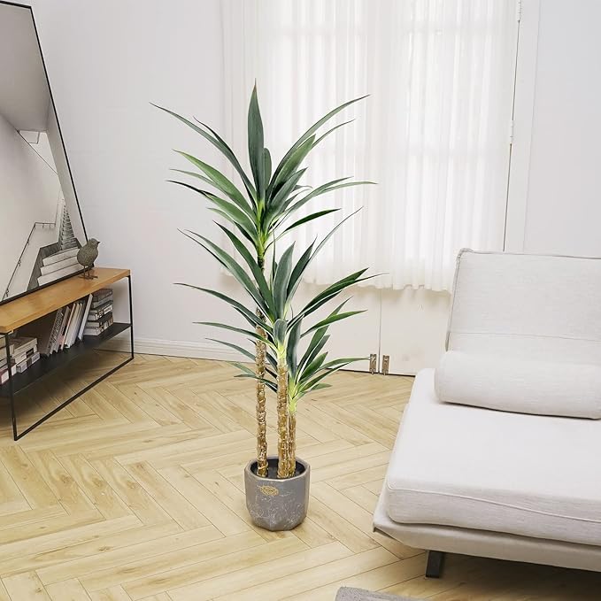 Artificial Tree 4.7Ft Faux Agave Plant with 3 Heads in Plastic Pot Fake Tree for Home Decor Indoor or Outdoor Office Decoration Housewarming Gift(4.7 Feet-1 Pack)