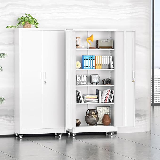 Superday 72¡± Metal Cabinet with Wheels, Lockable Steel Utility Cabinet with 2 Doors and 4 Adjustable Shelves, Tall Storage Cabinets for Garage, Home Office, Kitchen Pantry, Living Room, White