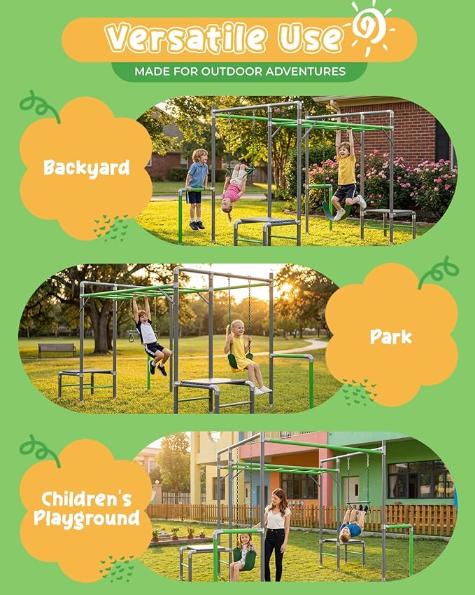 Outdoor Jungle Gym with Monkey Bars Frame, Climbing Set, Trapeze Swing Bar, Belt Swing, Kids Gymnastics Bars, Playground Set with Powder Coated Galvanized Steel for Backyard, Garden, Grass
