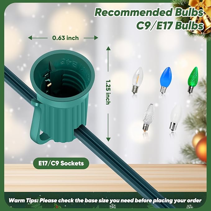 BesLowe Commercial 500 FT C9 Cut to Length Christmas Lights Outdoor, E17 Sockets Stringer Christmas Light Spool, C9 Sockets Patio String Light Strands, 12 Spacing Green Wire