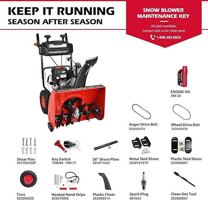 PowerSmart 24-Inch Self-Propelled Two-Stage Gas Snow Blower with 208cc B&S Engine, Electric Start, 13-Inch Snow Tires, Handle Warmer, and LED Lights