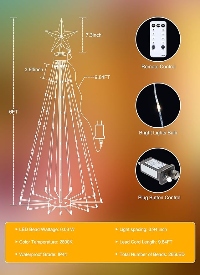 LED Christmas Cone Tree Light, 6ft 265 LED Outdoor Lightshow Christmas Tree with 8 Modes Timer Remote, Artificial Christmas Tree with Star Topper for Porch Yard Patio Indoor Decorations, Multicolor