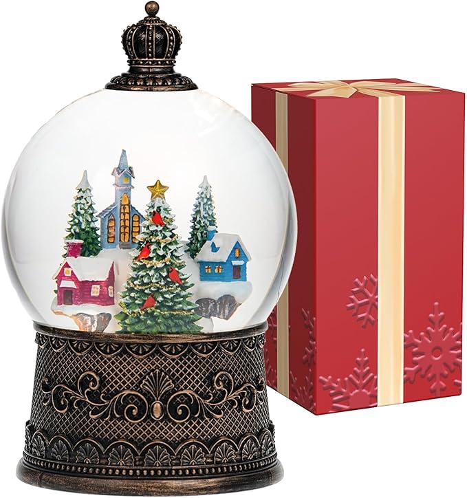 Snow Globe with Christmas Tree & Village, Light Up Christmas Snow Globes with Music Timer - USB Plug or Battery Operated Glitter Globe Indoor Christmas Decorations