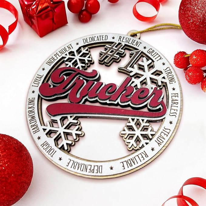 #1 Trucker Wooden Christmas Ornament – Truck Driver Holiday Tree Decoration, Gift for Truckers, CDL Drivers, Dad or Husband, Rustic Red Snowflake Ornament for Trucking Lovers