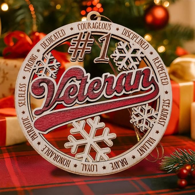 #1 Veteran Wooden Christmas Ornament – Patriotic Holiday Tree Decoration, Unique Gift for Veterans, Military Keepsake, Stocking Stuffer Christmas Ornament