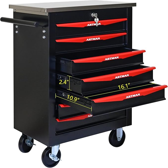 RYH 4/5/6/7 Drawers Rolling Tool Chest -Heavy Duty Mobile Metal Tool Box with Locking Wheels, with Stainless Steel Worktop, Garage Tool Storage Cabinet (Black, 7-Drawers 30.7 H¡¿22.2 W)
