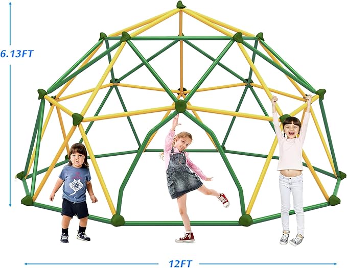 12ft Climbing Dome, Geometric Dome Climber Play Center, Kids Climbing Dome Tower, Rust & UV Resistant Steel Supporting 1000 LBS, Green + Yellow