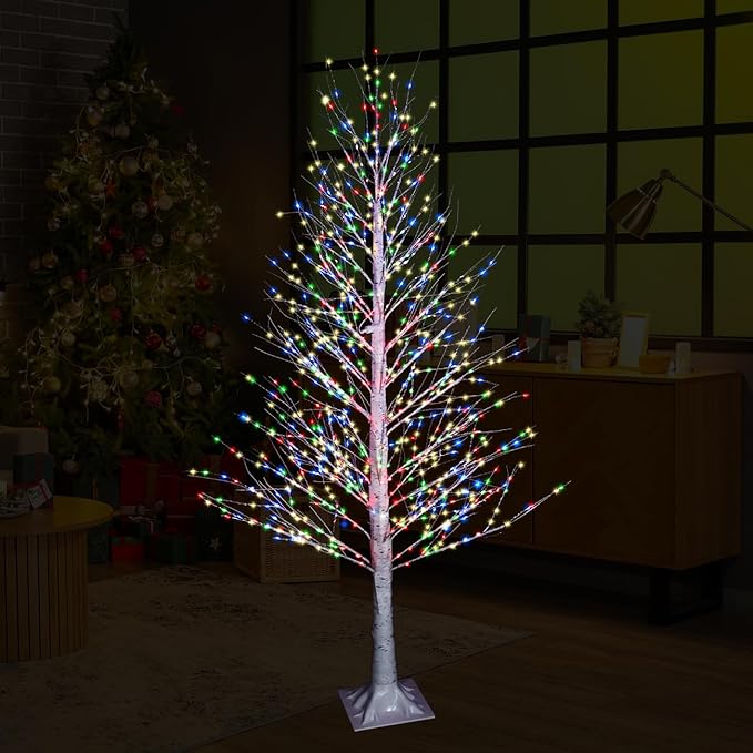 6FT 696LED Christmas Birch Tree Multicolor Lights with Twinkle, Twinkling or Steady Function for Selected, Birch Tree with Led Lights for Indoor Outdoor Home Party Decorations