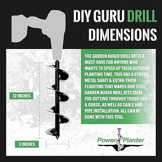 Power Planter DIY Guru Garden Auger- 3"x12" Drill Bit Hole Digger for Post Hole Diggers, Bulb Planter Tool- Auger Drill for Planting- Garden Digging Tool- 3/8" Non-Slip Hex Drive (Blue)