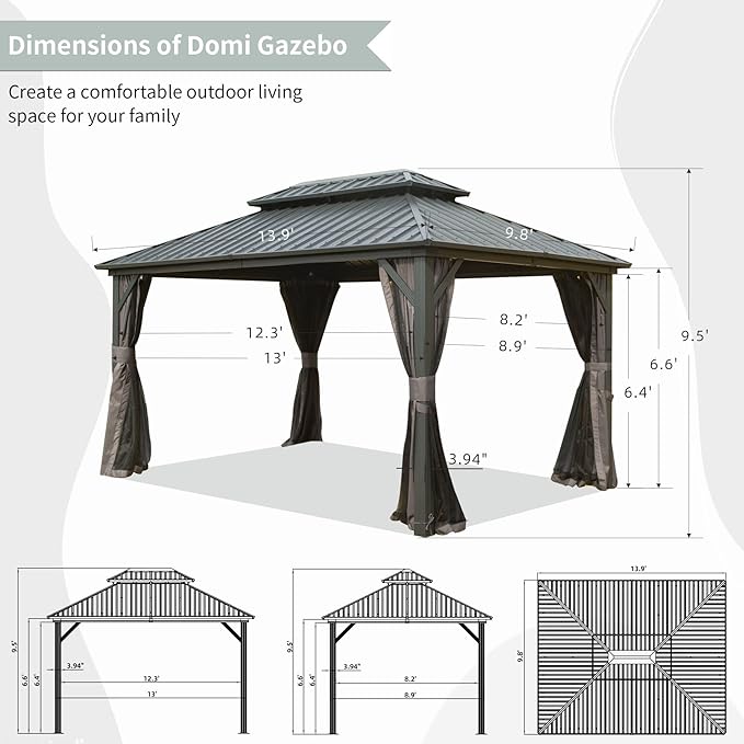 Domi Hardtop Gazebos 10x14FT, Aluminum Metal Gazebo with Galvanized Steel Double Roof Canopy, Curtain and Netting, Permanent Gazebo Pavilion for Patio, Backyard, Deck and Lawn, Grey