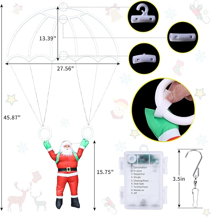 Christmas Decorations Lights Outdoor, 2.8ft LED Christmas Parachute Light with Santa Claus, 8 Modes & Timer Battery Operated Hanging Xmas Lights for Roof Eave Balcony Home Garden Decor (Red Green)
