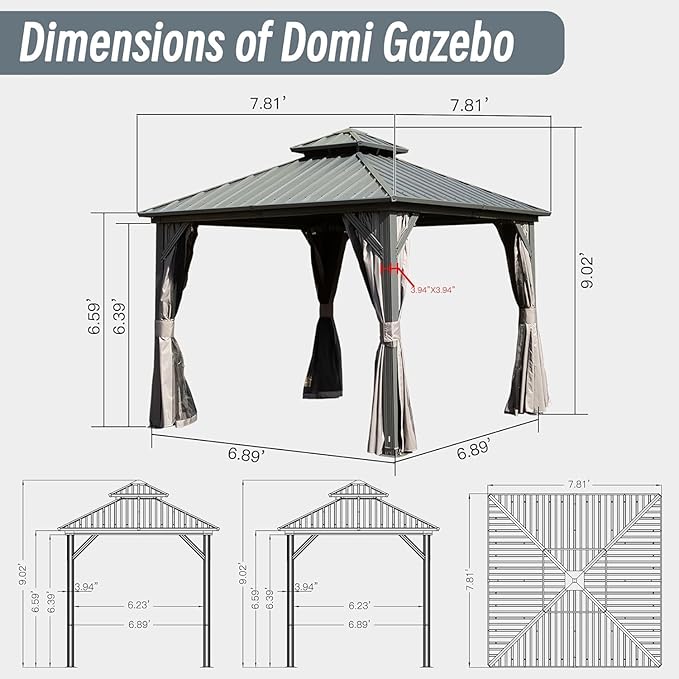 Domi 8x8FT Hardtop Gazebos, Aluminum Metal Gazebo with Galvanized Steel Double Roof Canopy, Curtain and Netting, Permanent Gazebo Pavilion for Patio, Backyard, Deck and Lawn, Grey