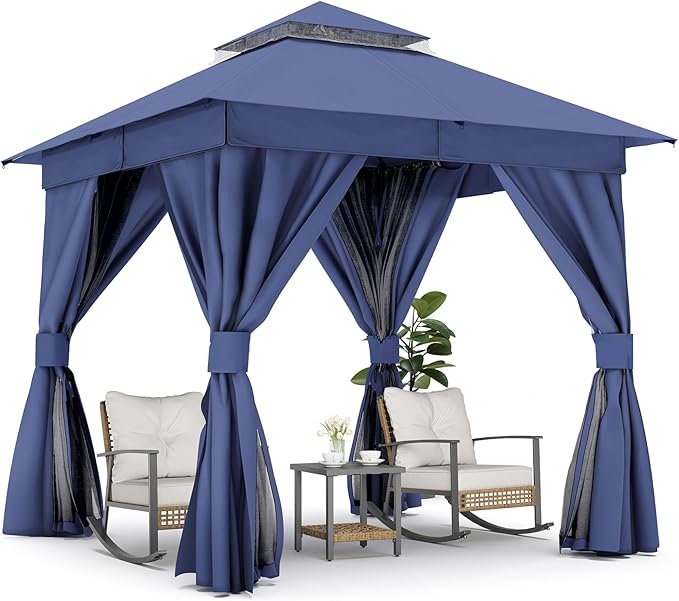 LAUSAINT HOME Semi-Permanent Patio Gazebo 8'x8' with Expansion Bolts, Outdoor Heavy Duty Shelter Party Tent with Double Roof, Nettings and Privacy Screens for Backyard, Garden, Lawn, Navy Blue
