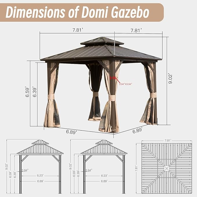 Domi 8x8FT Hardtop Gazebos, Aluminum Metal Gazebo with Galvanized Steel Double Roof Canopy, Curtain and Netting, Permanent Gazebo Pavilion for Patio, Backyard, Deck and Lawn, Brown