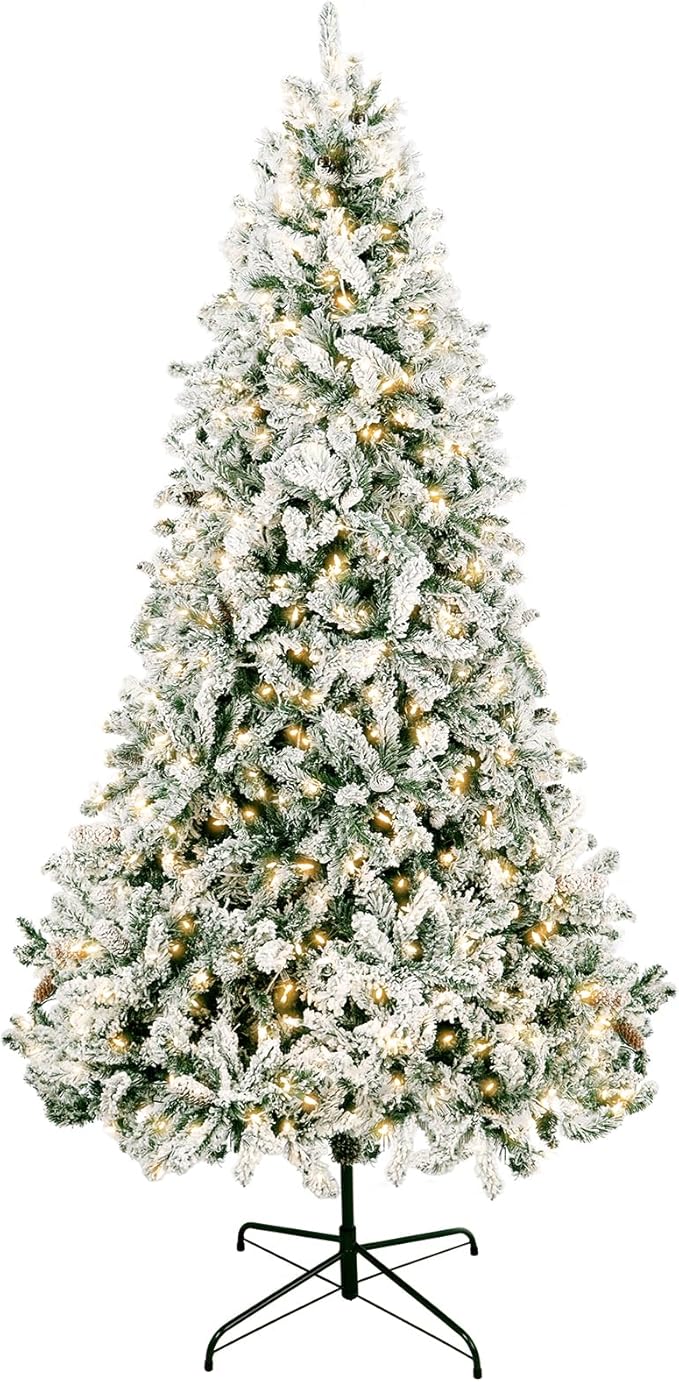 HOTEAGLE 7.5FT Prelit Artificial Christmas Tree, Snow - Dusted Pencil Tree with 400 UL Listed Multicolored Lights for Indoor Home & Office Christmas Decoration (50 * 50 * 90in)