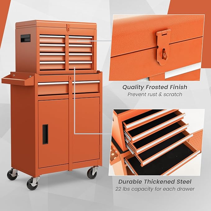 ERGOMASTER Tool Chest Heavy Duty Rolling Tool Box with Cabinet 5-Drawer for Lockable & Removable Cabinet for Garage and Workshop - Orange