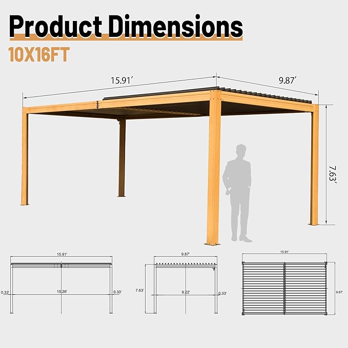 10’ x 16’ Louvered Pergola, Outdoor Pergola Aluminum Frame with Adjustable Rainproof Metal Roof, Permanent Sun Shade with Drainage System for Backyard, Garden and Lawn (Wooden Grain)