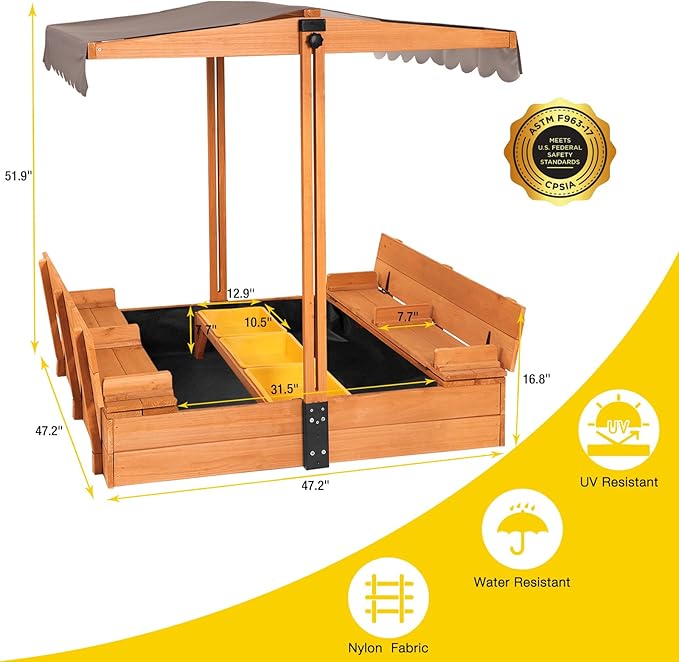 Wooden Sandbox with Cover | Large Sandpit for Kids Outdoor with Adjustable Canopy Backyard Play | w/Movable Toy Bins