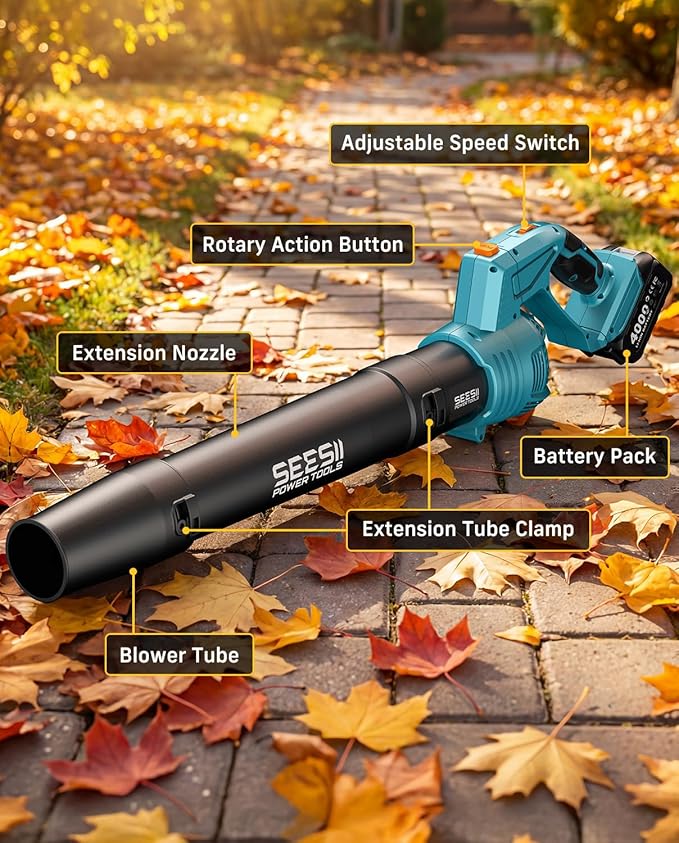 SEESII Leaf Blower Cordless, Rotated 180¡Æ Electric Leaf Blower with 2 * 4.0Ah Batteries and Charger, 550CFM 150MPH Lightweight Blower with 5 Speed Mode for Lawn Care, Yard, Patio & Outdoor Use