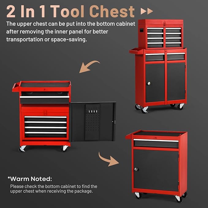 ERGOMASTER Tool Chest Heavy Duty Rolling Tool Box with Cabinet 5-Drawer for Lockable & Removable Cabinet for Garage and Workshop - Multicolor