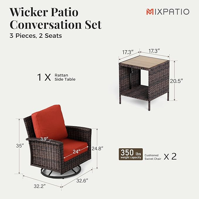 Outdoor Swivel Patio Chairs Set of 2 with Side Table, 3 Piece Wicker Highback Patio Bistro Set with Cushions for Deck Porch