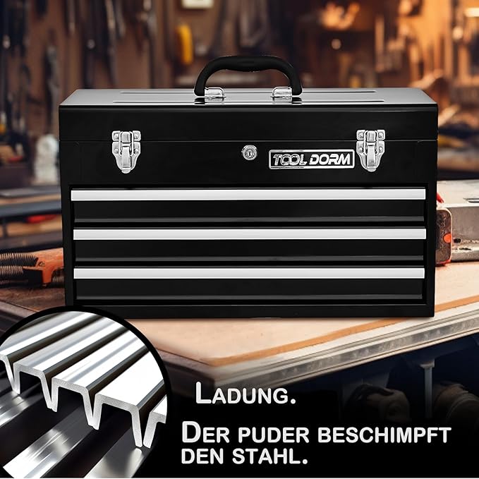 20.3¡° Metal Tool Box with Drawers Portable Steel Tool Box with Protective Liner and Latch Closure and Lock for Garage, Home and Warehouse (Black-3 Drawers)