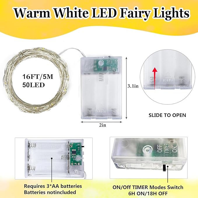 1-Pack Fairy Lights Battery Operated with Timer, Waterproof 16FT 50 LED String Lights Indoor Outdoor, Cuttable Starry Fairy Lights for Christmas Home Bedroom Wedding DIY Centerpiece Decor (Warm White)