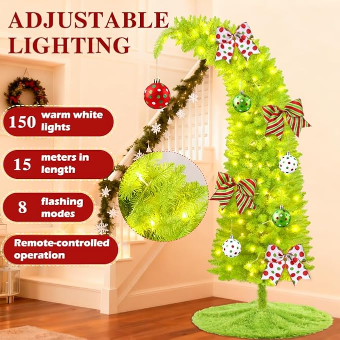 YUJUN 5.25ft Christmas Whimsical Bendable Artificial Tree, 150 LED Lights Christmas Green Tree Skirt with Timer 8 Lighting Modes for Xmas Indoor Outdoor Home Living Room Office Holiday Decoration
