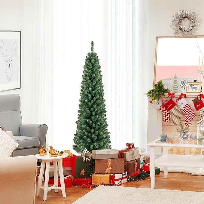 GOFLAME 5FT Pencil Christmas Tree, Slim Artificial Xmas Tree with 295 Memory Wire Branch Tips & Upgraded Metal Stand, Seasonal Holiday Decoration Tree for Home Office Party