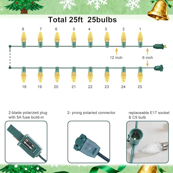 C9 LED Outdoor Christmas Lights,C9 String Lights with Quick Clips,for Xmas House Roof Gutter,Plug in & Connectable,25FT 25 Light,Warm White Faceted