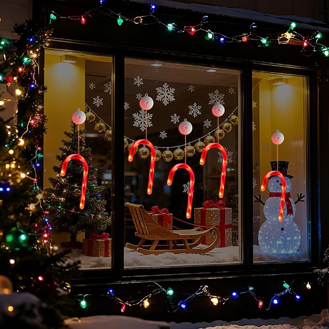 3 Pack Christmas Window Lights Decorations with Timer,Battery Powered Red Lighted Candy Cane LED String Sucker for Xmas 2026 Hanging Fireplace Window Indoor Decor