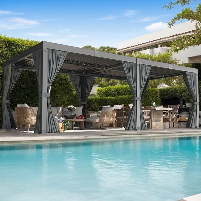 Pergola 10x20 Ft Louvered Pergola, Aluminum Outdoor Pergolas W/Adjustable Roof, Waterproof Curtains and Nets, Outdoor Gazebo for Deck,Patio,Backyard and Garden