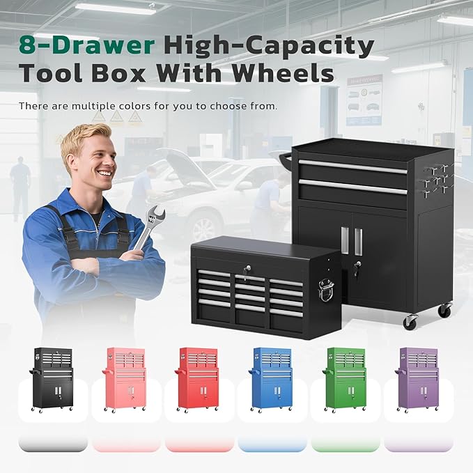 Greenvelly Rolling Tool Chest, 8-Drawer Metal Tool Chest with Wheels, Rolling Tool Cart with Detachable Top Tool Box, Metal Tool Box with Liner & Hooks for Garage, Workshop, Warehouse, Black ?