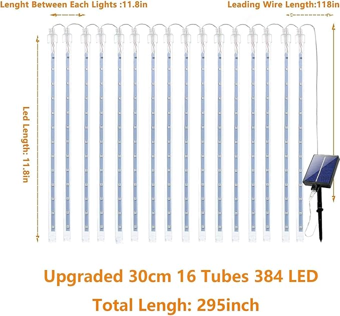 Solar Meteor Shower Lights Outdoor, Waterproof Christmas Lights Decorations Solar Powered 16 Tubes 384LED Icicle String Light, Snow Cascading Rain Drop Light for Xmas Tree Garden Decor (Warm White)
