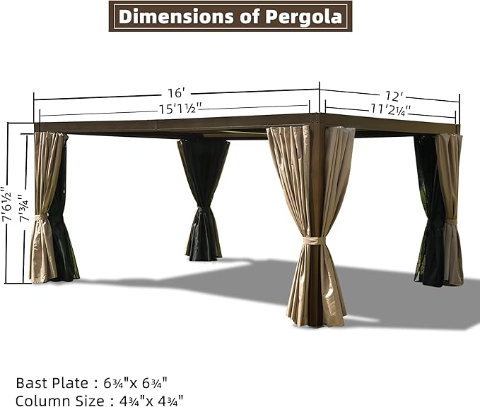 Domi 12x16FT Louvered Pergola, Full Aluminum Pergola with Adjustable Louvered Roof, Outdoor Pergola with Waterproof Curtains and Netting, Dark Brown