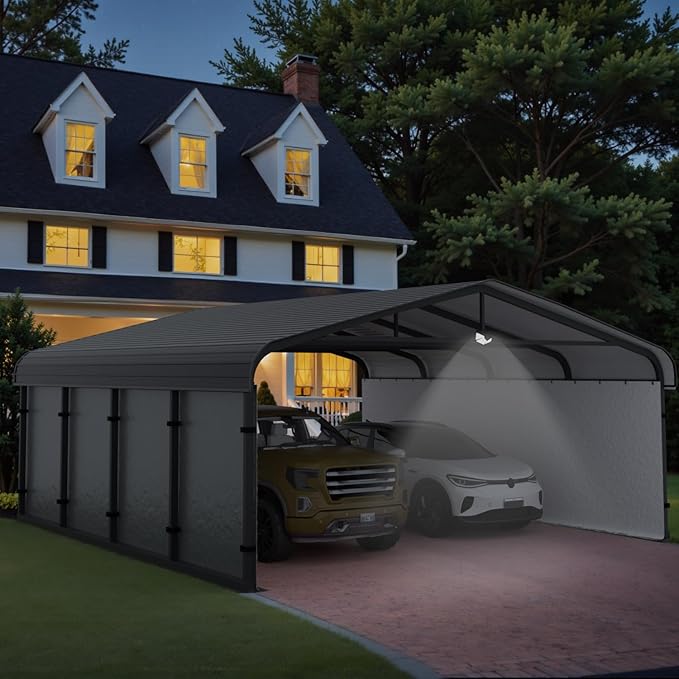 20x20 Metal Carport, Galvanized Steel Roof Car Port with Remvoable Polyethylene Sidewalls