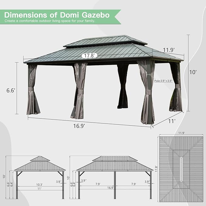 Domi Hardtop Gazebo 12x18FT, Aluminum Metal Gazebo with Galvanized Steel Double Roof Canopy, Curtain and Netting, Permanent Gazebo Pavilion for Patio, Backyard, Deck and Lawn, Grey