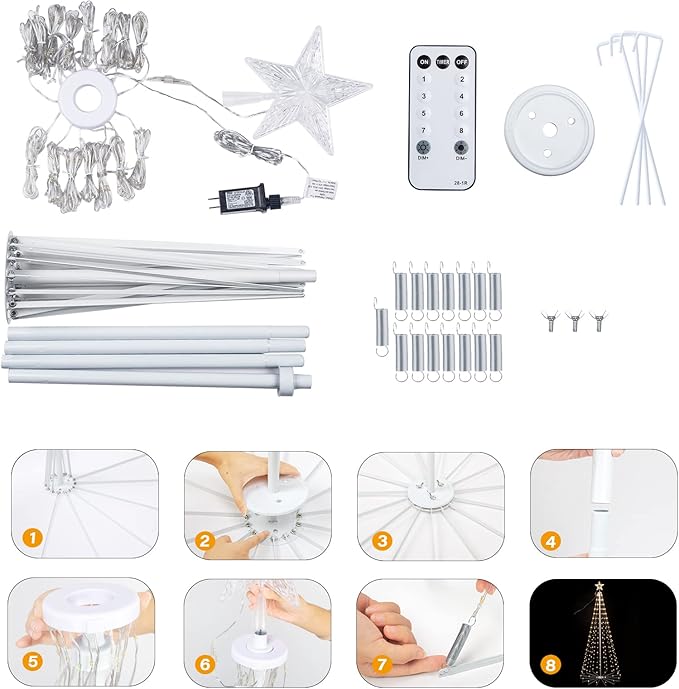 LED Christmas Cone Tree Light with Star Topper, 6ft 265 LED Outdoor Lightshow Christmas Tree with 8 Modes Timer Remote, Dimmable Artificial Tree for Porch Yard Patio Indoor Decorations, Warm White