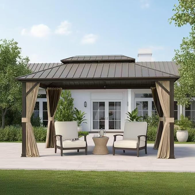 10x12 Hardtop Gazebo with Curtains and Netting
