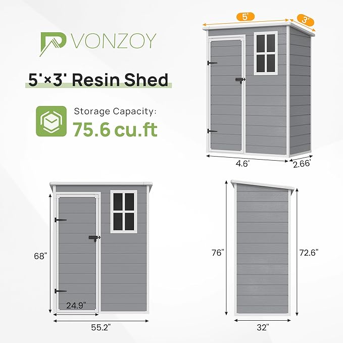 Outdoor Plastic Storage Shed with Floor, 5x3 FT Waterproof Resin Shed with Lockable Door & Window for Bike, Garbage Can, Lawn Mower, Grey White