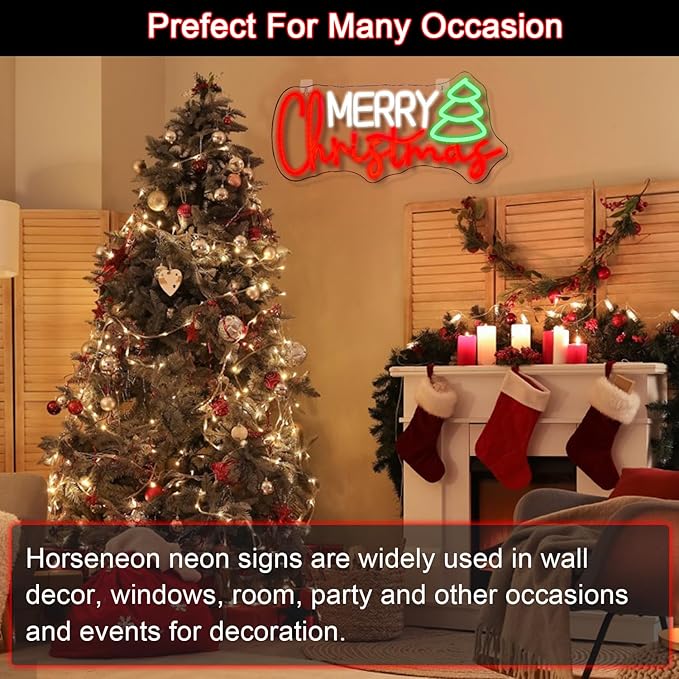 Horseneon Christmas Neon Led Sign, Merry Christmas Neon Signs for Wall Decor, Christmas Tree Neon Light Sign with USB Powered for Christmas Party, Windows, Home Decor, Bedroom, Living room, Bar