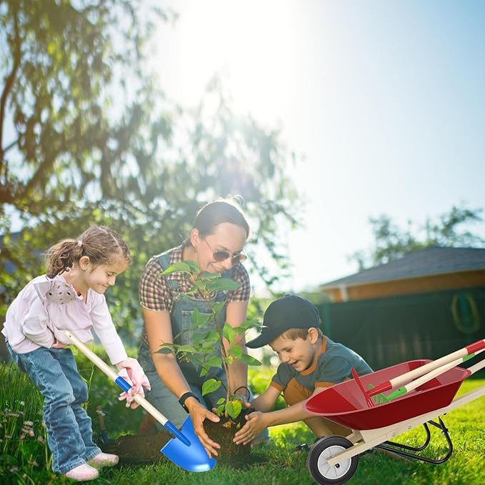 Kids Wheelbarrow Set with Gardening Tools Outdoor Backyard Garden Play for Toddlers Boys Girls 3-8, with Shovel, Rake, Leaf Rake, Easter Birthday Gifts (Red Garden Set)