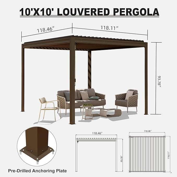 10’ x 10’ Louvered Pergola, Outdoor Pergola Aluminum Frame with Adjustable Rainproof Metal Roof, Permanent Sun Shade with Drainage System for Backyard, Garden and Lawn (Dark Brown)