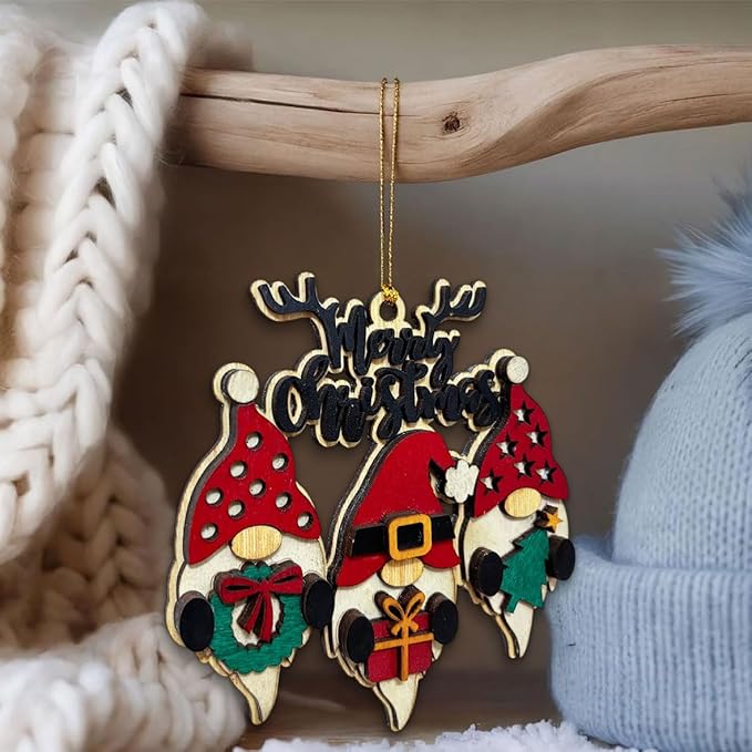 Christmas Gnome Ornament – Wooden Merry Christmas Hanging Decoration with Santa, Gift, Tree & Wreath Design, Rustic Farmhouse Christmas Tree Ornament, Holiday Decor for Home & Office