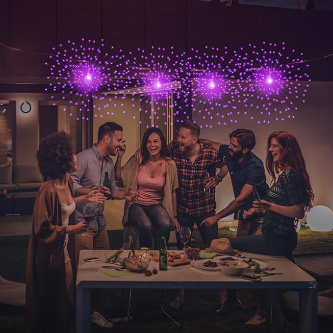 2 Pack Starburst Sphere Lights,200 LLED Firework Lights, 8 Modes Dimmable Remote Control Waterproof Hanging Fairy Light, Copper Wire Light for Patio Parties Christmas (Purple)