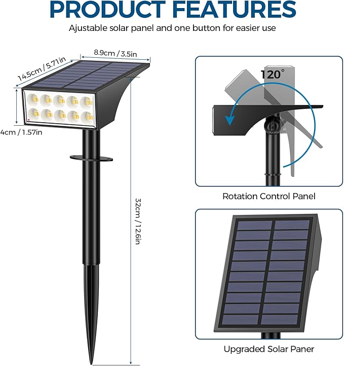 Solar Spot Lights Outdoor Waterproof IP65, Bright LEDs Solar Landscape Lighting for Outside Garden Yard, Solar Powered Spotlights for Accent Uplighting Backyard Statue Palm Tree, 2 Pack/Warm